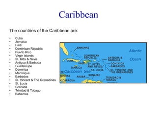 Caribbean The countries of the Caribbean are: Cuba Jamaica Haiti Dominican Republic Puerto Rico Virgin Islands St. Kitts & Nevis Antigua & Barbuda Guadeloupe Dominica Martinique Barbados St. Vincent & The Grenadines St. Lucia Grenada Trinidad & Tobago Bahamas 