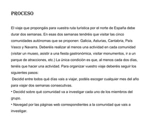 PROCESO El viaje que propongáis para vuestra ruta turística por el norte de España debe durar dos semanas. En esas dos semanas tendréis que visitar las cinco comunidades autónomas que se proponen: Galicia, Asturias, Cantabria, País Vasco y Navarra. Deberéis realizar al menos una actividad en cada comunidad (visitar un museo, asistir a una fiesta gastronómica, visitar monumentos, ir a un parque de atracciones, etc.) La única condición es que, al menos cada dos días, tenéis que hacer una actividad. Para organizar vuestro viaje deberéis seguir los siguientes pasos: Decidid entre todos qué días vais a viajar, podéis escoger cualquier mes del año para viajar dos semanas consecutivas. Decidid sobre qué comunidad va a investigar cada uno de los miembros del grupo. Navegad por las páginas web correspondientes a la comunidad que vais a investigar. 