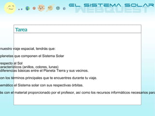 Tarea Para realizar con éxito nuestro viaje espacial, tendrás que: Conocer los distintos planetas que componen el Sistema Solar - Nombres - Posición con respecto al Sol - Rasgos mas característicos (anillos, colores, lunas) - Identificar las diferencias básicas entre el Planeta Tierra y sus vecinos. Elaborar un glosario con los términos principales que te encuentres durante tu viaje. Dibujar de modo esquemático el Sistema solar con sus respectivas órbitas. Para investigar, contarás con el material proporcionado por el profesor, así como los recursos informáticos necesarios para investigar en Internet. 