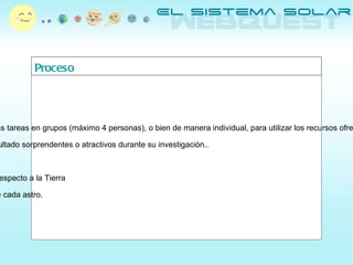 Proceso Dependiendo del número de alumnos del aula, se puede considerar la posibilidad de realizar las tareas en grupos (máximo 4 personas), o bien de manera individual, para utilizar los recursos ofrecidos por el docente y extraer toda la información que necesiten para conocer el Sistema Solar.. Puesta en común del material recopilado, y pequeña discusión sobre temas que les hayan resultado sorprendentes o atractivos durante su investigación.. Elaborar un glosario a partir de la información recolectada. Resumir, de manera breve, los principales rasgos diferenciadores de los demás planetas con respecto a la Tierra Elaboración de un dibujo esquemático con el Sol y los planetas, anotando debajo el nombre de cada astro. 