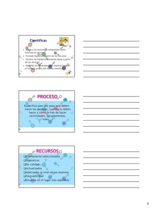 Científicas

• Ayuda a los alumnos a comprender como
  funciona la ciencia
• Formula hipótesis a partir de los recursos
• Verifica las hipótesis reuniendo datos a partir
  de los recursos
• Describe los resultados y las implicaciones en
  el formato propio del mundo científico




              PROCESO
 Especifica paso por paso qué deben
  hacer los alumnos, cuándo lo deben
     hacer y cómo lo han de hacer
     (actividades, agrupamientos,
                roles...)




             RECURSOS
   Previamente seleccionados
   Auténticos
   De calidad
   Actualizados
   Adecuados al nivel de los alumnos
   Sin publicidad
   Situados en el lugar más adecuado




                                                    7
 
