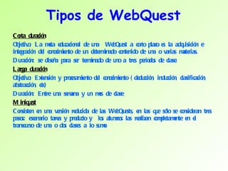 Tipos de WebQuest Corta duración Objetivo: La meta educacional de una  WebQuest a corto plazo es la adquisición e integración del conocimiento de un determinado contenido de una o varias materias.  Duración: se diseña para ser terminado de uno a tres períodos de clase.  Larga duración Objetivo: Extensión y procesamiento del conocimiento (deducción, inducción, clasificación, abstracción, etc)  Duración: Entre una semana y un mes de clase  Miniquest Consisten en una versión reducida de las WebQuests, en las que sólo se consideran tres pasos: escenario, tarea y producto y  los alumnos las realizan completamente en el transcurso de una o dos clases a lo sumo.  