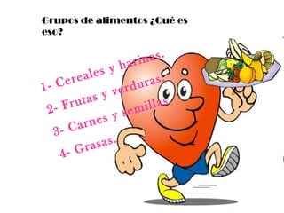 Grupos de alimentos ¿Qué es eso? 1- Cereales y harinas. 2- Frutas y verduras. 3- Carnes y semillas. 4- Grasas. 