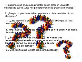 1. Sabiendo que grupos de alimentos deben estar en una dieta balanceada busca ¿Qué nos proporcionan esos grupos alimenticios? 2. ¿En que proporciones deben estar en una dieta saludable dichos elementos? 3.  ¿ Qué significa la pirámide de los alimentos? ¿Por qué se hará con esa forma? 4. ¿Por qué la dieta esta relacionada con la edad y el modo de vida de cada uno? 5. ¿Es mala la comida rápida? ¿y las cosas que comemos cuando estamos apurados o cuando no tenemos ganas de cocinar? ¿y los dulces incluìdas las golosinas?  6. ¿Qué significa que la dieta debe ser balanceada? 