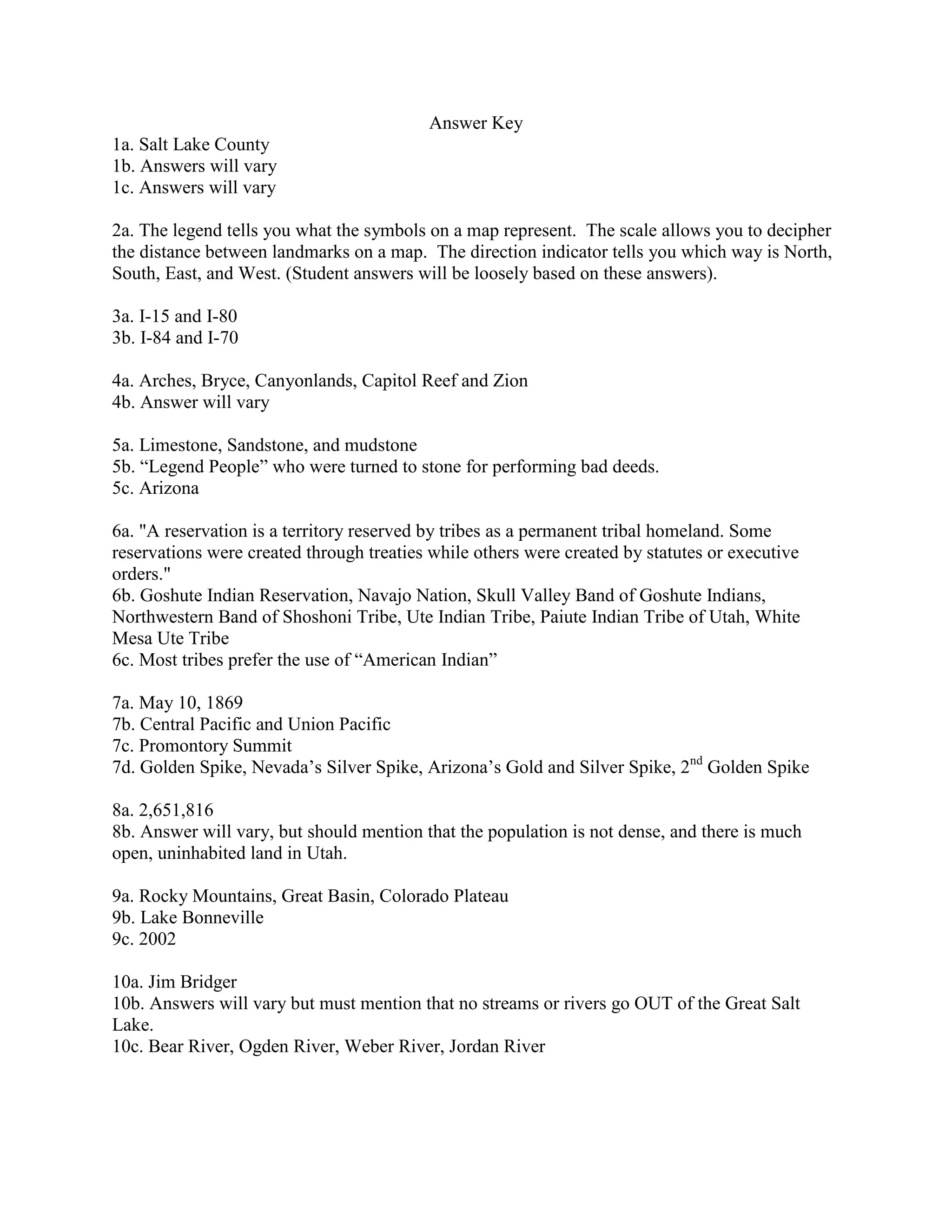 Answer Key
1a. Salt Lake County
1b. Answers will vary
1c. Answers will vary

2a. The legend tells you what the symbols on a map represent. The scale allows you to decipher
the distance between landmarks on a map. The direction indicator tells you which way is North,
South, East, and West. (Student answers will be loosely based on these answers).

3a. I-15 and I-80
3b. I-84 and I-70

4a. Arches, Bryce, Canyonlands, Capitol Reef and Zion
4b. Answer will vary

5a. Limestone, Sandstone, and mudstone
5b. “Legend People” who were turned to stone for performing bad deeds.
5c. Arizona

6a. "A reservation is a territory reserved by tribes as a permanent tribal homeland. Some
reservations were created through treaties while others were created by statutes or executive
orders."
6b. Goshute Indian Reservation, Navajo Nation, Skull Valley Band of Goshute Indians,
Northwestern Band of Shoshoni Tribe, Ute Indian Tribe, Paiute Indian Tribe of Utah, White
Mesa Ute Tribe
6c. Most tribes prefer the use of “American Indian”

7a. May 10, 1869
7b. Central Pacific and Union Pacific
7c. Promontory Summit
7d. Golden Spike, Nevada’s Silver Spike, Arizona’s Gold and Silver Spike, 2nd Golden Spike

8a. 2,651,816
8b. Answer will vary, but should mention that the population is not dense, and there is much
open, uninhabited land in Utah.

9a. Rocky Mountains, Great Basin, Colorado Plateau
9b. Lake Bonneville
9c. 2002

10a. Jim Bridger
10b. Answers will vary but must mention that no streams or rivers go OUT of the Great Salt
Lake.
10c. Bear River, Ogden River, Weber River, Jordan River
 