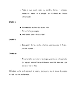 Todo lo que sepáis sobre su siembra, faenas y cuidados

                    requeridos, época de recolección. Su importancia en nuestra

                    alimentación.


GRUPO 3:


                    Ropa elegida según la época de la visita

                    Porqué la hemos elegido

                    Descripción, fotos o dibujos, video, ...


GRUPO 4:


                    Descripción de las recetas elegidas, acompañadas de fotos ,

                    dibujos, murales, ...


GRUPO 5:


                    Presentar a los compañeros los juegos y canciones seleccionadas

                    por el grupo, señalando en qué momento sería más adecuado jugar

                    con cada uno de ellos.


El trabajo hecho, se lo contareis a vuestros compañeros con la ayuda de videos,

murales, dibujos, el ordenador...
 
