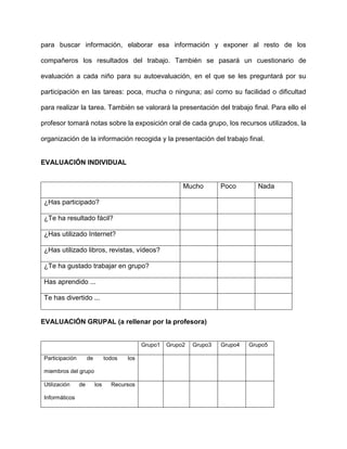 para buscar información, elaborar esa información y exponer al resto de los

compañeros los resultados del trabajo. También se pasará un cuestionario de

evaluación a cada niño para su autoevaluación, en el que se les preguntará por su

participación en las tareas: poca, mucha o ninguna; así como su facilidad o dificultad

para realizar la tarea. También se valorará la presentación del trabajo final. Para ello el

profesor tomará notas sobre la exposición oral de cada grupo, los recursos utilizados, la

organización de la información recogida y la presentación del trabajo final.


EVALUACIÓN INDIVIDUAL


                                                             Mucho        Poco       Nada

 ¿Has participado?

 ¿Te ha resultado fácil?

 ¿Has utilizado Internet?

 ¿Has utilizado libros, revistas, vídeos?

 ¿Te ha gustado trabajar en grupo?

 Has aprendido ...

 Te has divertido ...


EVALUACIÓN GRUPAL (a rellenar por la profesora)


                                               Grupo1   Grupo2   Grupo3   Grupo4   Grupo5

 Participación        de         todos   los

 miembros del grupo

 Utilización     de        los     Recursos

 Informáticos
 
