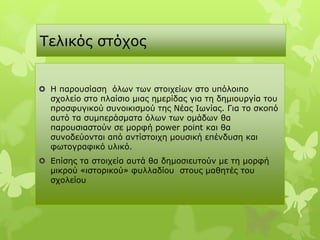 Τειηθόο ζηόρνο


 Η παξνπζίαζε όισλ ησλ ζηνηρείσλ ζην ππόινηπν
  ζρνιείν ζην πιαίζην κηαο εκεξίδαο γηα ηε δεκηνπξγία ηνπ
  πξνζθπγηθνύ ζπλνηθηζκνύ ηεο Νέαο Ισλίαο. Γηα ην ζθνπό
  απηό ηα ζπκπεξάζκαηα όισλ ησλ νκάδσλ ζα
  παξνπζηαζηνύλ ζε κνξθή power point θαη ζα
  ζπλνδεύνληαη από αληίζηνηρε κνπζηθή επέλδπζε θαη
  θσηνγξαθηθό πιηθό.
 Δπίζεο ηα ζηνηρεία απηά ζα δεκνζηεπηνύλ κε ηε κνξθή
  κηθξνύ «ηζηνξηθνύ» θπιιαδίνπ ζηνπο καζεηέο ηνπ
  ζρνιείνπ
 