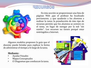En ésta sección se proporcionan una lista de
                                  páginas Web ,que el profesor ha localizado
                                  previamente, y que ayudarán a los alumnos a
                                  realizar la tarea; la preselección de éste tipo de
                                  recursos permite que los alumnos se centren en
                                  el tema, en lugar de navegar por la red "sin
                                  rumbo". Los recursos no tienen porqué estar
                                  restringidos a Internet.



    Algunos modelos proponen la guía que el
docente pueda brindar para explicar la forma
de administrar el tiempo a lo largo de la tarea.

    Mediante:
    •  Ayudas Visuales
    •  Mapas Conceptuales
    •  O Diagramas que conduzcan la tarea.
 