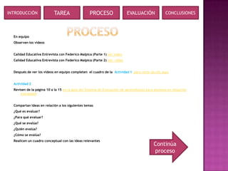 INTRODUCCIÓN               TAREA                  PROCESO                 EVALUACIÓN              CONCLUSIONES




  En equipo
  Observen los videos


  Calidad Educativa Entrevista con Federico Malpica (Parte 1) ver video
  Calidad Educativa Entrevista con Federico Malpica (Parte 2) ver video


  Después de ver los videos en equipo completen el cuadro de la Actividad 1 para verlo da clic aquí


  Actividad 2
  Revisen de la página 10 a la 15 en la guía del Sistema de Evaluación de aprendizajes para alumnos en situación
      extraedad


  Compartan ideas en relación a los siguientes temas
  ¿Qué es evaluar?
  ¿Para qué evaluar?
  ¿Qué se evalúa?
  ¿Quién evalúa?
  ¿Cómo se evalúa?
  Realicen un cuadro conceptual con las ideas relevantes
                                                                                           Continúa
                                                                                           proceso
 