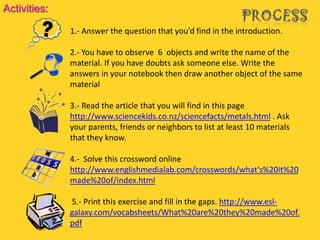 Activities:

              1.- Answer the question that you’d find in the introduction.

              2.- You have to observe 6 objects and write the name of the
              material. If you have doubts ask someone else. Write the
              answers in your notebook then draw another object of the same
              material

              3.- Read the article that you will find in this page
              http://www.sciencekids.co.nz/sciencefacts/metals.html . Ask
              your parents, friends or neighbors to list at least 10 materials
              that they know.

              4.- Solve this crossword online
              http://www.englishmedialab.com/crosswords/what's%20it%20
              made%20of/index.html

              5.- Print this exercise and fill in the gaps. http://www.esl-
              galaxy.com/vocabsheets/What%20are%20they%20made%20of.
              pdf
 