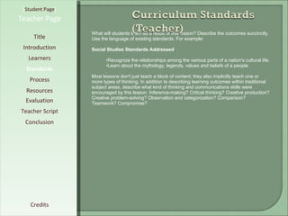 [ Student Page ] Title Introduction Learners Standards Process Resources Credits Teacher Page What will students learn as a result of this lesson? Describe the outcomes succinctly. Use the language of existing standards. For example: Social Studies Standards Addressed Recognize the relationships among the various parts of a nation's cultural life. Learn about the mythology, legends, values and beliefs of a people . Most lessons don't just teach a block of content; they also implicitly teach one or more types of thinking. In addition to describing learning outcomes within traditional subject areas, describe what kind of thinking and communications skills were encouraged by this lesson. Inference-making? Critical thinking? Creative production? Creative problem-solving? Observation and categorization? Comparison? Teamwork? Compromise? Evaluation Teacher Script Conclusion 