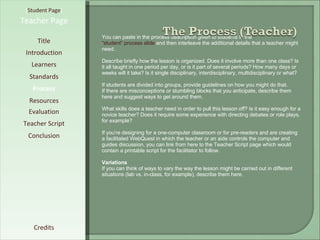 [ Student Page ] Title Introduction Learners Standards Process Resources Credits Teacher Page You can paste in the process description given to students in the  “student” process slide  and then interleave the additional details that a teacher might need. Describe briefly how the lesson is organized. Does it involve more than one class? Is it all taught in one period per day, or is it part of several periods? How many days or weeks will it take? Is it single disciplinary, interdisciplinary, multidisciplinary or what? If students are divided into groups, provide guidelines on how you might do that. If there are misconceptions or stumbling blocks that you anticipate, describe them here and suggest ways to get around them. What skills does a teacher need in order to pull this lesson off? Is it easy enough for a novice teacher? Does it require some experience with directing debates or role plays, for example?  If you're designing for a one-computer classroom or for pre-readers and are creating a facilitated WebQuest in which the teacher or an aide controls the computer and guides discussion, you can link from here to the Teacher Script page which would contain a printable script for the facilitator to follow. Variations If you can think of ways to vary the way the lesson might be carried out in different situations (lab vs. in-class, for example), describe them here. Evaluation Teacher Script Conclusion 