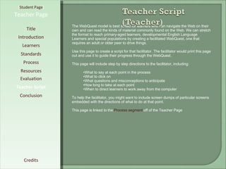 [ Student Page ] Title Introduction Learners Standards Process Resources Credits Teacher Page The WebQuest model is best suited for learners who can navigate the Web on their own and can read the kinds of material commonly found on the Web. We can stretch the format to reach primary-aged learners, developmental English Language Learners and special populations by creating a facilitated WebQuest, one that requires an adult or older peer to drive things. Use this page to create a script for that facilitator. The facilitator would print this page out and use it to guide their progress through the WebQuest. This page will include step by step directions to the facilitator, including: What to say at each point in the process What to click on What questions and misconceptions to anticipate How long to take at each point When to direct learners to work away from the computer To help the facilitator, you might want to include screen dumps of particular screens embedded with the directions of what to do at that point. This page is linked to the  Process segment  off of the Teacher Page Evaluation Teacher Script Conclusion 