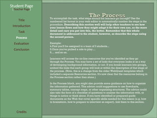 Student Page Title Introduction Task Process Evaluation Conclusion Credits [ Teacher Page ] To accomplish the task, what steps should the learners go through? Use the numbered list format in your web editor to automatically number the steps in the procedure.  Describing this section well will help other teachers to see how your lesson flows and how they might adapt it for their own use, so the more detail and care you put into this, the better. Remember that this whole document is addressed to the student, however, so describe the steps using the second person. Example: First you'll be assigned to a team of 3 students... Once you've picked a role to play.... ... and so on. Learners will access the on-line resources that you've identifed as they go through the Process. You may have a set of links that everyone looks at as a way of developing background information, or not. If you break learners into groups, embed the links that each group will look at within the description of that stage of the process. (Note, this is a change from the older WebQuest templates which included a separate Resources section. It's now clear that the resources belong in the Process section rather than alone.) In the Process block, you might also provide some guidance on how to organize the information gathered. This advice could suggestions to use flowcharts, summary tables, concept maps, or other organizing structures. The advice could also take the form of a checklist of questions to analyze the information with, or things to notice or think about. If you have identified or prepared guide documents on the Web that cover specific skills needed for this lesson (e.g. how to brainstorm, how to prepare to interview an expert), link them to this section. 
