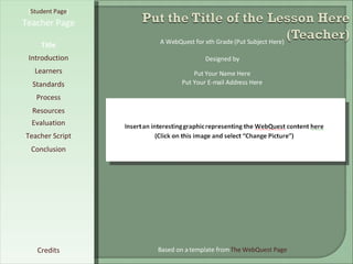 [ Student Page ] Title Introduction Learners Standards Process Resources Credits Teacher Page A WebQuest for xth Grade (Put Subject Here) Designed by Put Your Name Here Put Your E-mail Address Here Based on a template from  The WebQuest Page Evaluation Teacher Script Conclusion 