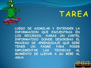 LUEGO DE ASIMILAR Y ENTENDER LA
INFORMACION QUE ESCUENTRAS EN
LOS RECURSOS, HARAS UN CARTEL
INFORMATIVO DONDE DESCRIBAS EL
PROCESO DE APRENDIZAJE QUE DEBE
TENER   UN  PADRE   PARA   PODER
IMPLEMENTAR   LAS  TECNICAS   AL
MOMENTO DE LLEVAR A SU BEBE AL
AGUA
                              INICI
 