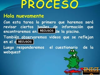 Hola nuevamente
Con esta tarea lo primero que haremos será
revisar ciertos baúles de información que
encontraremos en el fondo de la piscina.
                  RECUSOS

También observaremos videos que se reflejan
en el agua.
        RECUSOS

Luego responderemos el cuestionario de la
webquest



                                      INICI
 