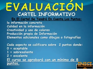 CARTEL INFORMATIVO
    En El Cartel Se Tendrá En Cuenta Los Puntos:
la información concreta
Calidad en la información
Creatividad y uso de colores
Producción propia de Información
Elementos adicionales como dibujos o fotografías

Cada aspecto se calificara sobre 2 puntos donde:
0 = aceptable
1 = sobresaliente
2 = excelente
El curso se aprobará con un mínimo de 8
puntos.                                INICI
 