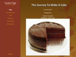 Student Page
 [Teacher Page]
                  The Journey To Make A Cake
     Title                       For Educators

 Introduction                     Designed by
     Task                       Juliette Campbell
   Process                   jjc63@zips.uakron.edu

  Evaluation
  Conclusion




    Credits        Based on a template from The WebQuest Page
 