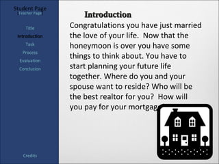 Student Page
 [Teacher Page]
                       Introduction
     Title        Congratulations you have just married
 Introduction     the love of your life. Now that the
     Task
                  honeymoon is over you have some
   Process
  Evaluation
                  things to think about. You have to
  Conclusion      start planning your future life
                  together. Where do you and your
                  spouse want to reside? Who will be
                  the best realtor for you? How will
                  you pay for your mortgage?




    Credits
 