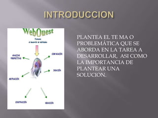 PLANTEA EL TE MA O
PROBLEMÁTICA QUE SE
ABORDA EN LA TAREA A
DESARROLLAR, ASI COMO
LA IMPORTANCIA DE
PLANTEAR UNA
SOLUCION.
 