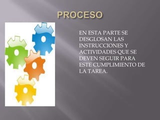 EN ESTA PARTE SE
DESGLOSAN LAS
INSTRUCCIONES Y
ACTIVIDADES QUE SE
DEVEN SEGUIR PARA
ESTE CUMPLIMIENTO DE
LA TAREA.
 
