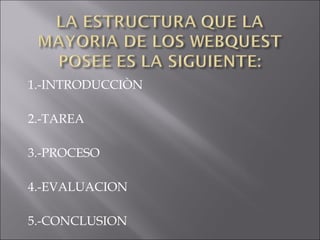 1.-INTRODUCCIÒN

2.-TAREA

3.-PROCESO

4.-EVALUACION

5.-CONCLUSION
 