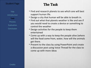 Student Page                  The Task
    Title       • Find and research planets to see which one will best
 Introduction     support human life.
    Task        • Design a city that human will be able to breath in.
                • Find out what that planets weather is like and see if
   Process
                  you would need to create a device or something to
  Evaluation
                  control the weather
  Conclusion    • Design activities for the people to keep them
                  entertained
                • Come up with a way to keep the people alive (where
                  will the food come from, water, how will the animals
                  get there.
                • Present to the class by using PowerPoint and create
                  a discussion post using Voice Thread for the class to
                  come up with more ideas




   Credits
 