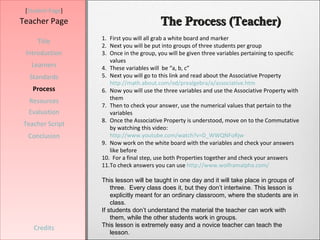 [Student Page]
Teacher Page                             The Process (Teacher)
                  1. First you will all grab a white board and marker
     Title
                  2. Next you will be put into groups of three students per group
 Introduction     3. Once in the group, you will be given three variables pertaining to specific
                     values
   Learners       4. These variables will be “a, b, c”
  Standards       5. Next you will go to this link and read about the Associative Property
                     http://math.about.com/od/prealgebra/a/associative.htm
   Process        6. Now you will use the three variables and use the Associative Property with
                     them
  Resources
                  7. Then to check your answer, use the numerical values that pertain to the
  Evaluation         variables
                  8. Once the Associative Property is understood, move on to the Commutative
Teacher Script
                     by watching this video:
  Conclusion         http://www.youtube.com/watch?v=D_WWQNFoRjw
                  9. Now work on the white board with the variables and check your answers
                     like before
                  10. For a final step, use both Properties together and check your answers
                  11.To check answers you can use http://www.wolframalpha.com/

                  This lesson will be taught in one day and it will take place in groups of
                      three. Every class does it, but they don’t intertwine. This lesson is
                      explicitly meant for an ordinary classroom, where the students are in
                      class.
                  If students don’t understand the material the teacher can work with
                      them, while the other students work in groups.
    Credits       This lesson is extremely easy and a novice teacher can teach the
                      lesson.
 
