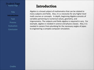Student Page
 [Teacher Page]
                         Introduction
     Title        Algebra is a broad subject of mathematics that can be related to
                  many subjects and fields. Also, it is a necessity for any higher level
 Introduction     math courses or concepts. In depth, beginning Algebra consists of
     Task         variables pertaining to numerical values, geometry, and
                  trigonometry. The subjects and fields algebra is required in vary. For
   Process
                  example, algebra is needed in science and physics classes. Also, it is
  Evaluation      needed in careers from plumbing for the necessary angles of pipes
  Conclusion      to engineering a complex computer simulation.




    Credits
 