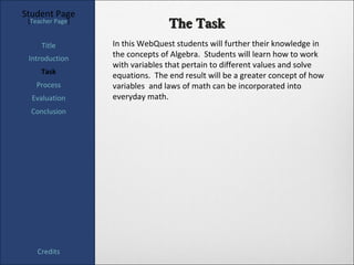 Student Page
 [Teacher Page]
                                 The Task
     Title        In this WebQuest students will further their knowledge in
 Introduction     the concepts of Algebra. Students will learn how to work
                  with variables that pertain to different values and solve
     Task
                  equations. The end result will be a greater concept of how
   Process        variables and laws of math can be incorporated into
  Evaluation      everyday math.
  Conclusion




    Credits
 