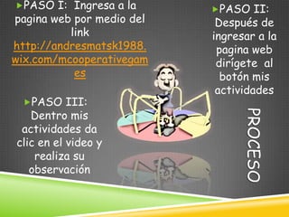 PASO I: Ingresa a la      PASO II:
pagina web por medio del    Después de
          link             ingresar a la
http://andresmatsk1988.     pagina web
wix.com/mcooperativegam     dirígete al
           es                botón mis
                            actividades
 PASO III:
   Dentro mis




                                 PROCESO
 actividades da
clic en el video y
    realiza su
   observación
 