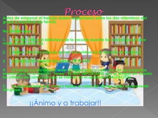 Antes de empezar el trabajo deben organizarse entre los dos miembros del
grupo y repartirse las tareas.
No olvides que:
1. Pueden utilizar la biblioteca de la escuela durante los recreos para tomar
notas acerca de la luz.
2. Deben visitar los enlaces que se encuentran en la sección de recursos.
3. ¡CONSULTEN TAMBIÉN SUS LIBROS DE TEXTO!
4. El trabajo escrito deberá tener las respuestas a cada una de las preguntas
enumeradas en la sección “Tarea”. Es MUY IMPORTANTE que se tengan en cuenta
los criterios de corrección que se indican en el apartado EVALUACIÓN.
5. En la exposición oral deberá hablar la mitad del tiempo cada componente
del grupo.
¡¡Ánimo y a trabajar!!
 