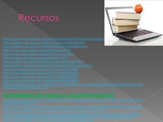 http://www.educarchile.cl/Portal.Base/Web/VerContenido.aspx?ID=133071
http://edison.upc.edu/curs/llum/luz/luz.html#reflexion
http://edison.upc.edu/curs/llum/luz/luz.html#refraccion
http://www.educaplus.org/luz/reflexion.html
http://www.educaplus.org/luz/refraccion.html
http://www.educaplus.org/luz/lente1.html
http://edison.upc.edu/curs/llum/vision/fisiologia.html
http://edison.upc.edu/curs/llum/vision/proceso-visual.html
http://www.youtube.com/watch?v=sw10MLr44I0
http://www.youtube.com/watch?v=XyUIXNZRsoA
http://www.youtube.com/watch?v=3TS8DbErQIY
http://www.youtube.com/watch?v=br7002ovIQ4
http://teleformacion.edu.aytolacoruna.es/FISICA/document/fisicaInteractiva/OptGeometr
ica/Instrumentos/ollo/ollo.htm
Actividades de repaso y experimentación
http://proyectos.cnice.mec.es/arquimedes/alumnosp.php?ciclo_id=1&familia_id=5&modu
lo_id=20&unidad_id=12
http://www.juntadeandalucia.es/averroes/html/adjuntos/2009/06/30/0005/0_ID/index.html
http://www.wikisaber.es/Contenidos/LObjects/refraction/index.html
http://escuelas.aulasaber.com/ficha.aspx?tipo=ejercicio&mat=CienNat&asig=F%C3%8DSI
CA+Y+QU%C3%8DMICA&curso=5%C2%BA+PRIMARIA&idtema=14676&tema=LA+LUZ
 