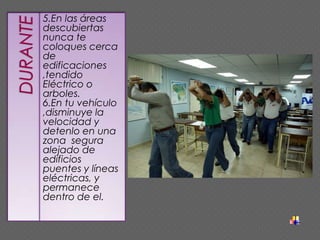 5.En las áreas
descubiertas
nunca te
coloques cerca
de
edificaciones
,tendido
Eléctrico o
arboles.
6.En tu vehículo
,disminuye la
velocidad y
detenlo en una
zona segura
alejado de
edificios
puentes y líneas
eléctricas, y
permanece
dentro de el.
 