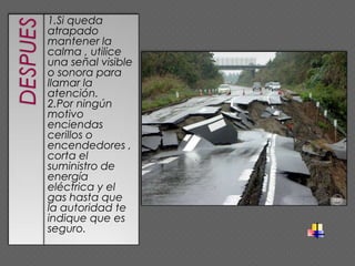 1.Si queda
atrapado
mantener la
calma , utilice
una señal visible
o sonora para
llamar la
atención.
2.Por ningún
motivo
enciendas
cerillos o
encendedores ,
corta el
suministro de
energía
eléctrica y el
gas hasta que
la autoridad te
indique que es
seguro.
 
