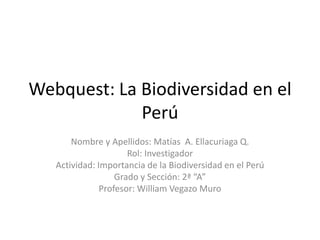 Webquest: La Biodiversidad en el
Perú
Nombre y Apellidos: Matías A. Ellacuriaga Q.
Rol: Investigador
Actividad: Importancia de la Biodiversidad en el Perú
Grado y Sección: 2ª “A”
Profesor: William Vegazo Muro
 