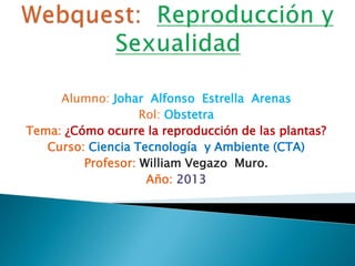 Alumno: Johar Alfonso Estrella Arenas
Rol: Obstetra
Tema: ¿Cómo ocurre la reproducción de las plantas?
Curso: Ciencia Tecnología y Ambiente (CTA)
Profesor: William Vegazo Muro.
Año: 2013
 