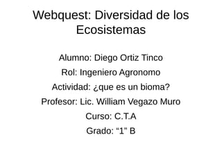 Webquest: Diversidad de los
Ecosistemas
Alumno: Diego Ortiz Tinco
Rol: Ingeniero Agronomo
Actividad: ¿que es un bioma?
Profesor: Lic. William Vegazo Muro
Curso: C.T.A
Grado: “1” B

 