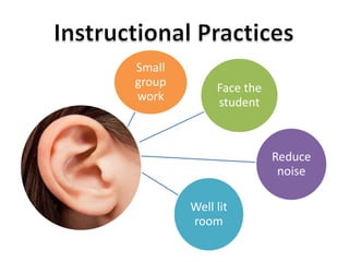 Face the 
student 
Reduce 
noise 
Well lit 
room 
Small 
group 
work 
 