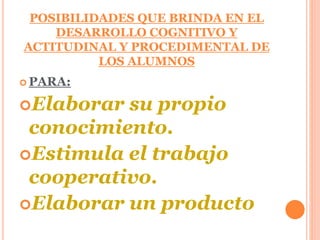 POSIBILIDADES QUE BRINDA EN EL 
DESARROLLO COGNITIVO Y 
ACTITUDINAL Y PROCEDIMENTAL DE 
LOS ALUMNOS 
PARA: 
Elaborar su propio 
conocimiento. 
Estimula el trabajo 
cooperativo. 
Elaborar un producto 
 