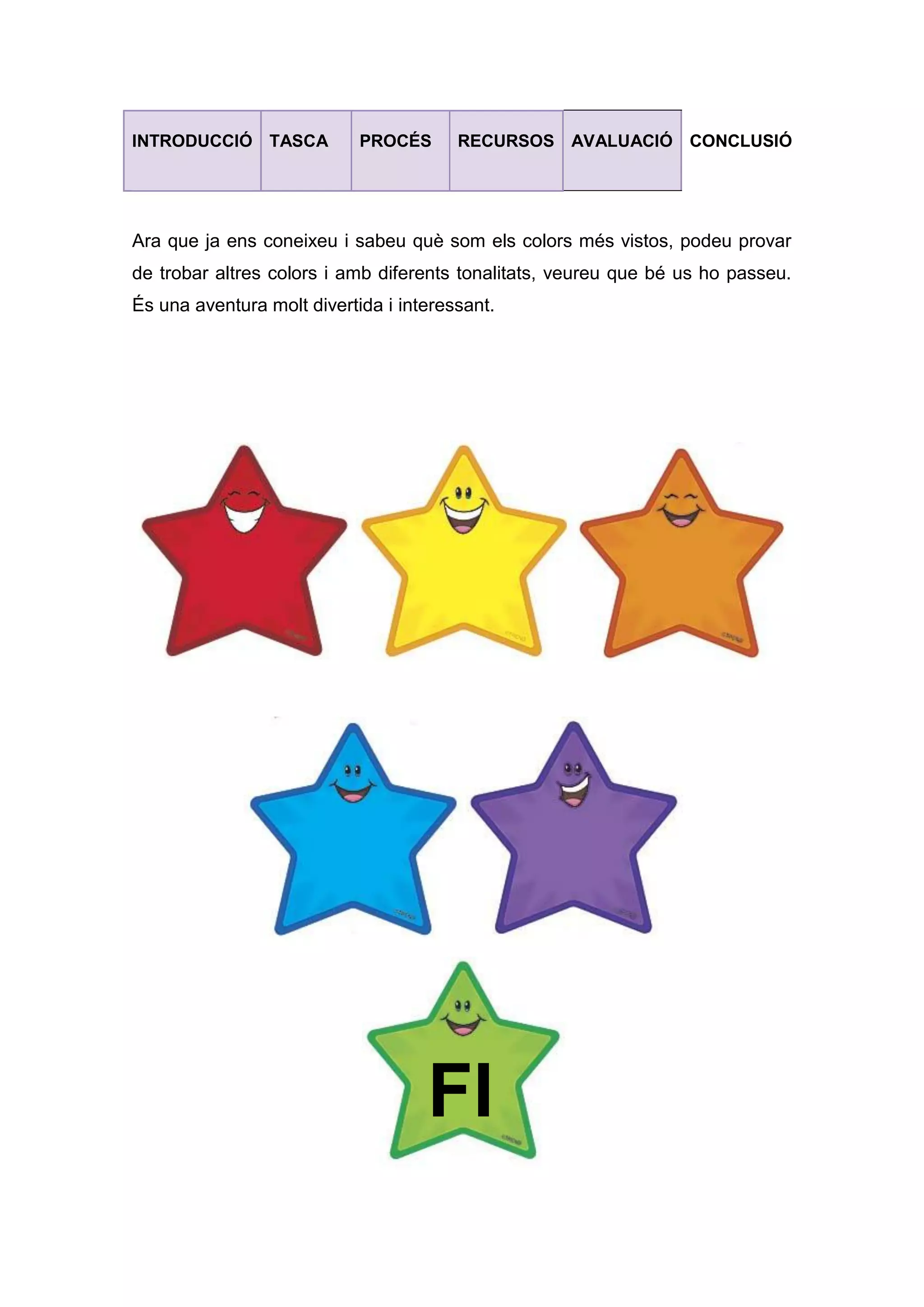 INTRODUCCIÓ TASCA PROCÉS RECURSOS AVALUACIÓ CONCLUSIÓ
Ara que ja ens coneixeu i sabeu què som els colors més vistos, podeu provar
de trobar altres colors i amb diferents tonalitats, veureu que bé us ho passeu.
És una aventura molt divertida i interessant.
FI
 