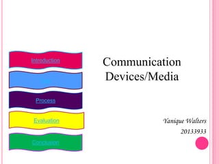 Introduction
Task
Process
Evaluation
Conclusion
A WebQuest on
Communication
Devices/Media
Yanique Walters
20133933
 