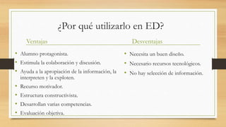 ¿Por qué utilizarlo en ED?
Ventajas
• Alumno protagonista.
• Estimula la colaboración y discusión.
• Ayuda a la apropiación de la información, la
interpreten y la exploten.
• Recurso motivador.
• Estructura constructivista.
• Desarrollan varias competencias.
• Evaluación objetiva.
Desventajas
• Necesita un buen diseño.
• Necesario recursos tecnológicos.
• No hay selección de información.