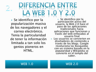 WEB 1.0
 Se identifico por la
popularización masiva
de los navegadores y el
correo electrónico.
Tenia la particularidad
d...