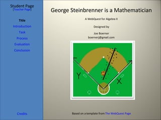 George Steinbrenner is a Mathematician Student Page Title Introduction Task Process Evaluation Conclusion Credits [ Teacher Page ] A WebQuest for Algebra II Designed by Joe Boerner [email_address] Based on a template from  The WebQuest Page 