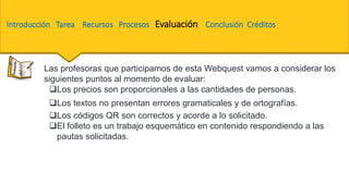 Las profesoras que participamos de esta Webquest vamos a considerar los
siguientes puntos al momento de evaluar:
Los precios son proporcionales a las cantidades de personas.
Los textos no presentan errores gramaticales y de ortografías.
Los códigos QR son correctos y acorde a lo solicitado.
El folleto es un trabajo esquemático en contenido respondiendo a las
pautas solicitadas.
Introducción Tarea Recursos Procesos Evaluación Conclusión Créditos
 