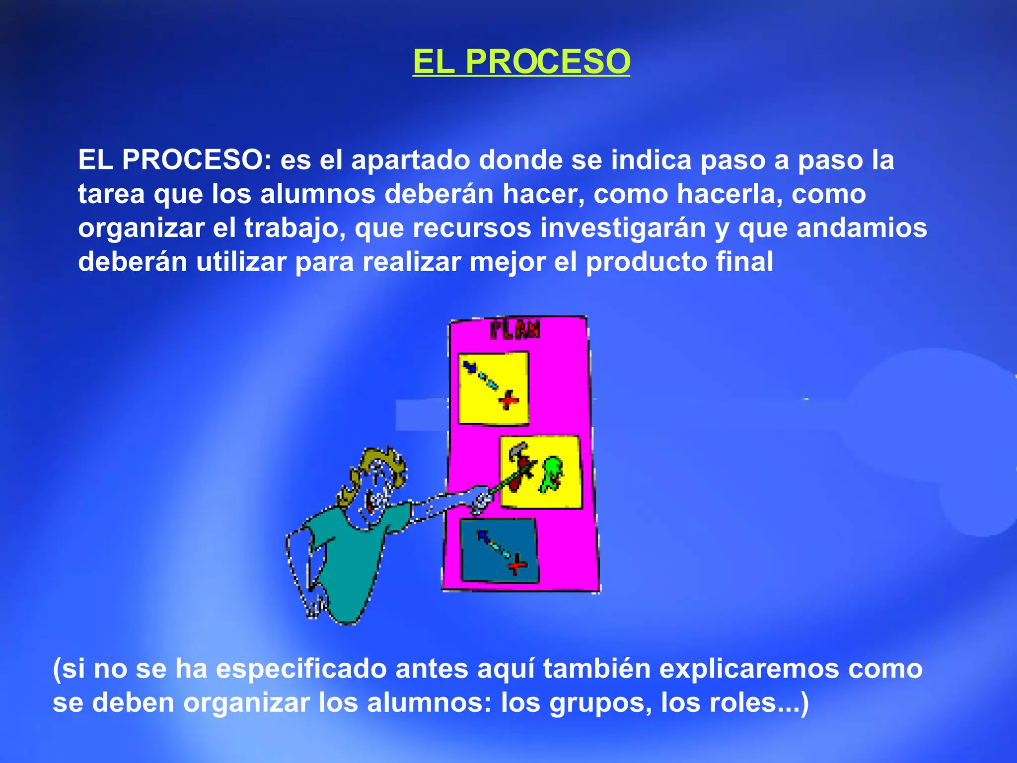 EL PROCESO: es el apartado donde se indica paso a paso la tarea que los alumnos deberán hacer, como hacerla, como organizar el trabajo, que recursos investigarán y que andamios deberán utilizar para realizar mejor el producto final  EL PROCESO (si no se ha especificado antes aquí también explicaremos como se deben organizar los alumnos: los grupos, los roles...) 