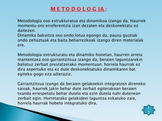 METODOLOGIA : Metodologia oso estrukturatua eta dinamikoa izango da. Haurrek momentu oro erreferentzia izan dezaten eta deskonektatu ez daitezen. Dinamika bakoitza oso ondo lotua egongo da, pausu guztiak ondo zehaztuak eta baita beharrezkoak izango diren materialak ere. Metodologia estrukturatu eta dinamiko honetan, haurren arreta mantentzea oso garrantzitsua izango da, beraien laguntzarekin baliatuz zerbait prestatzerako momentuan; horrela haurrak ez dira aspertuko eta ez dute deskonektatuko dinamikaren bat egiteko gogo eza adieraziz. Garrantzitsua izango da beraien gelakoekin integratzen direneko saioak, haurrek jakin behar dute zerbait egiterakoan beraien txanda errespetatu behar dutela eta ezin dutela nahi dutenean zerbait egin. Horretarako gelakideei laguntza eskatuko zaie, horrela haurrak hobeto integratuko dira. 12 